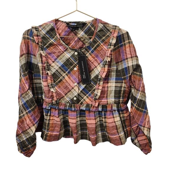 Veronica Beard peplum cotton pink plaid blouse size 8 - Picture 4 of 7